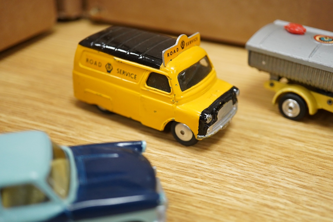 Fourteen 1960s Corgi Toys including; Smiths Karrier ice cream van, Bedford AA van, Land Rover breakdown service, Commer 5-ton Wall’s ice cream van, ERF Model 64G tipping tanker, Hillman Imp, ERF Model 44G flatbed lorry,
